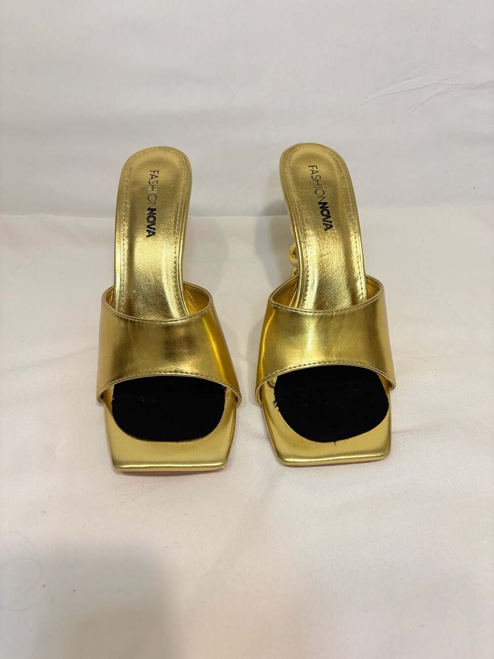 Fashion Nova Gold Metallic Square Toe Slide Mules Ball Heeled Size 9
